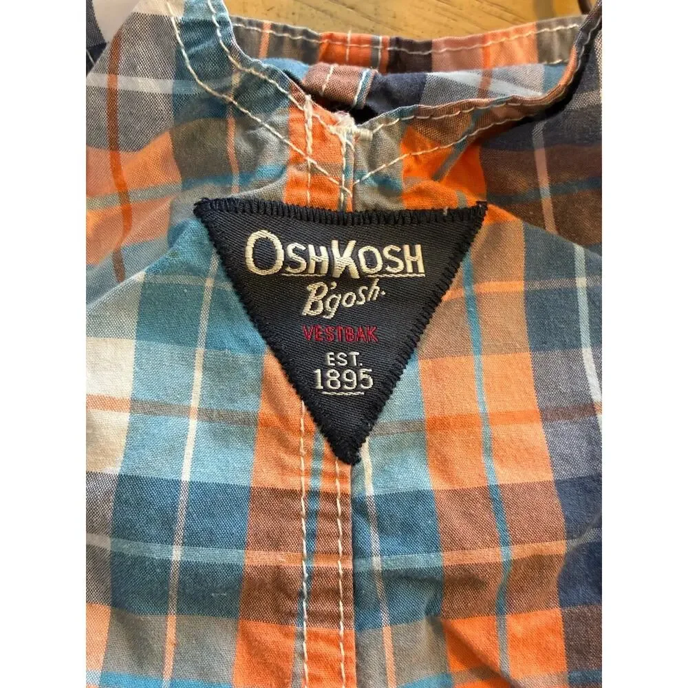 Oshkosh B’Gosh Plaid Bib Shortalls Overalls Orange Blue Classic Preppy 6 Months